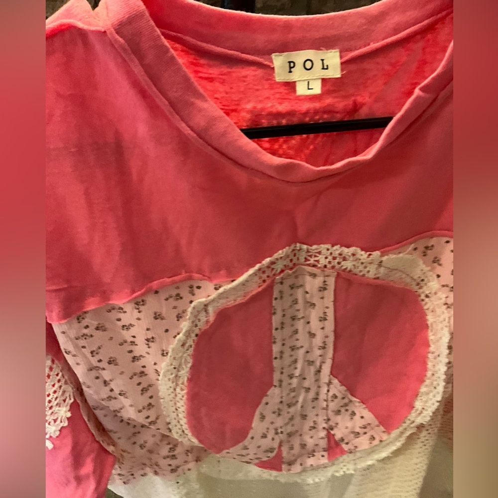 (NWOT) POL Pink Patchwork Peace Sign Top | Boho Cottagecore Lace | Size L - Picture 2 of 3